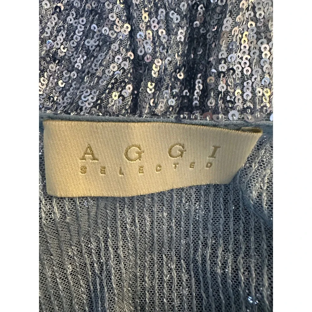 AGGI Women's Blue Sequin Deep V-Neck Ruched Long Sleeve Mini Dress Size Small